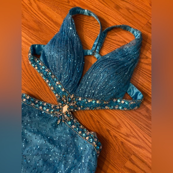 Vintage Y2K Dress Sequin Beaded Gown Slip Dress Cut Out Prom Dress Backless Blue - Picture 11 of 16